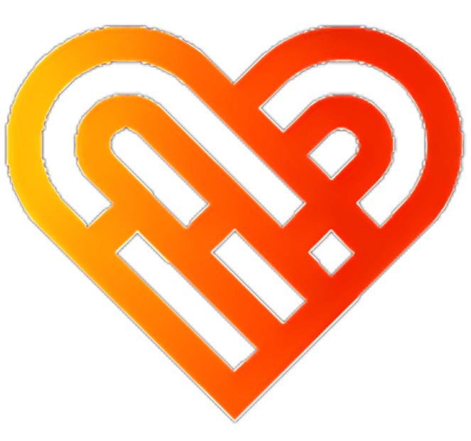 An abstract design of a heart using intertwined orange and red lines, set against a transparent background.